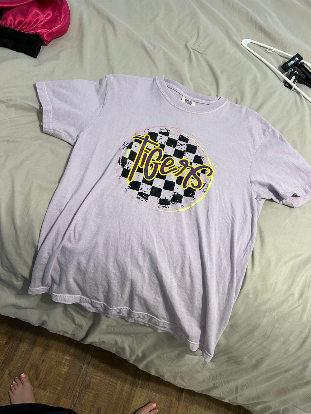 Comfort Colors Lilac Short-Sleeve Tee with 'Tigers' Checker Graphic